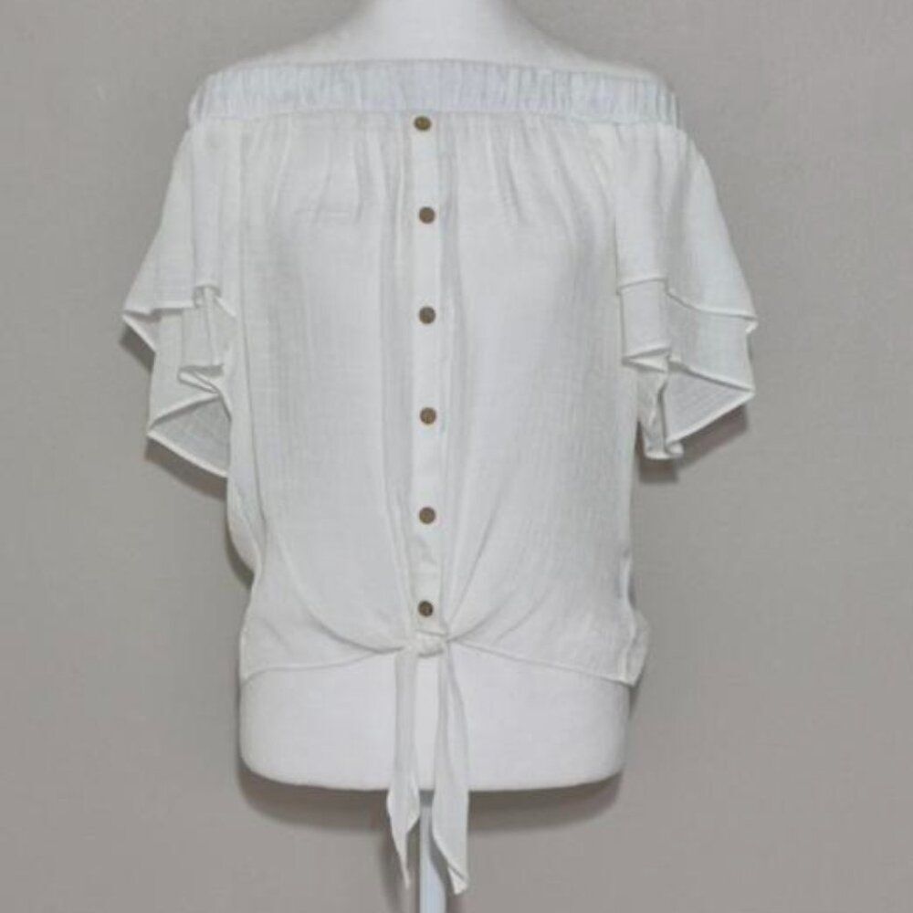 By & By Women’s Off Shoulder Ruffle Tie Front Blouse White Size S NWOT